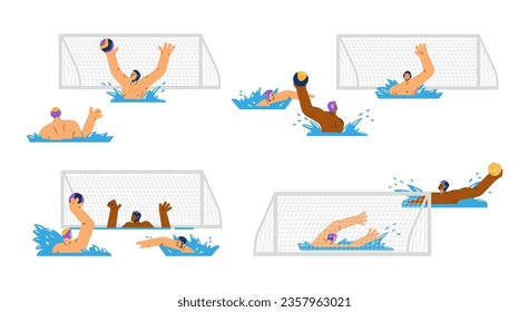 Conjunto de escenas de coincidencia de polo de agua, ilustración vectorial plana aislada en fondo blanco. El equipo de waterpolo lanza una bola en gol. Concepto de juego deportivo. Hombres jugando con pelota en la piscina.