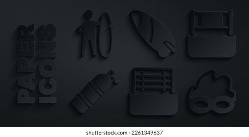 Set Water polo, volleyball net, Aqualung, Glasses for swimming, Surfboard and  icon. Vector