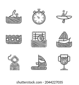 Set Water polo, Windsurfing, Award cup, Yacht sailboat, Aqualung, Swimming pool, Kayak and paddle and Swimmer icon. Vector