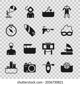 Set Water polo, Windsurfing, Glasses for swimming, Swimmer, Surfboard, Compass, Kitesurfing and Fishing harpoon icon. Vector