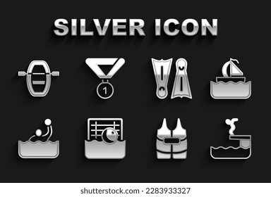 Set Water polo, Yacht sailboat, Swimmer diving into pool, Life jacket, Flippers for swimming, Boat with oars and Medal icon. Vector