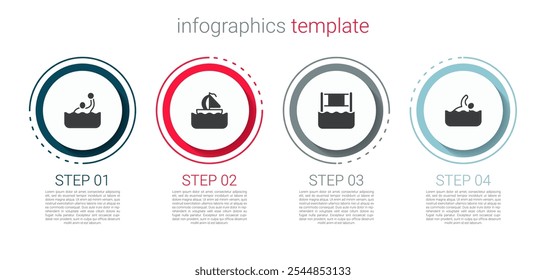 Set Waterpolo, velero de yate, red de voleibol y nadador. Plantilla de infografía de negocios. Vector