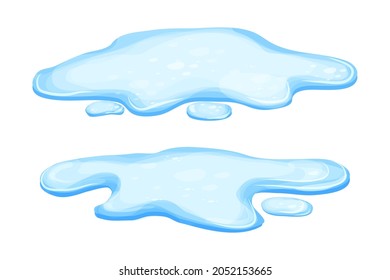 Set Water puddle in cartoon style isolated on white background. Spill, lake or liquid. Design element. Seasonal object. Vector illustration