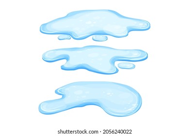 Set Water puddle in cartoon style isolated on white background. Spill, lake or liquid. Design element. Seasonal object.