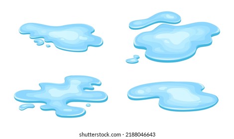 Set of water puddle, liquid cartoon style. Drop isolated on white background. Blue split, splash on floor. Vector illustration.