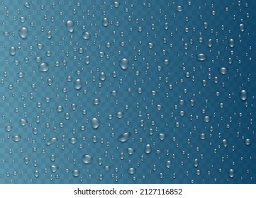 Set water rain drops, pure droplets condensed on blue background. Realistic vector illustration bubbles on window glass. Design for poster, banner, concept