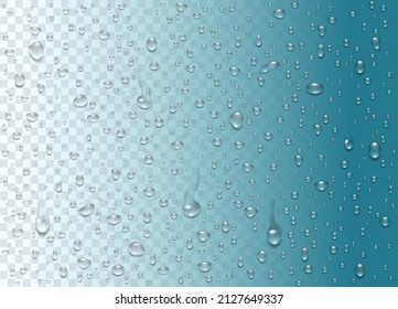 Set water rain drops, pure droplets condensed on transparent background. Realistic vector illustration bubbles on window glass. Design for poster, banner, concept