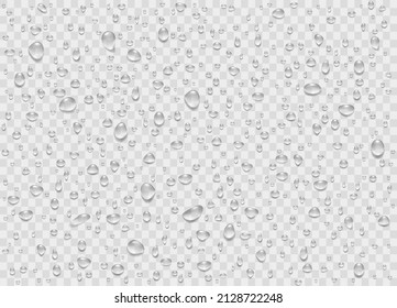 Set water rain drops, pure droplets condensed on transparent background. Realistic vector illustration bubbles on window glass. Design for poster, banner, concept