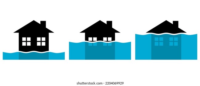 Set water rain flooding damage city house flood water level rise flat vector icon design.