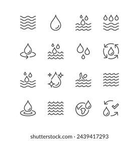 Conjunto de iconos relacionados con el agua, gotas, lluvia, olas de mar y vectores de variedad lineal.