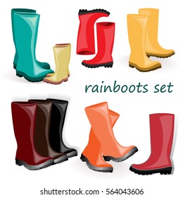 set of water resistant shoes, colorful rubber wellington boots isolated on white