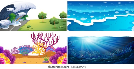 Set of water scenes illustration
