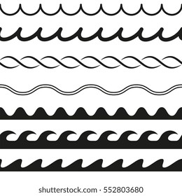 Set of water seamless lines on white background. Water waves. Abstract vector silhouettes