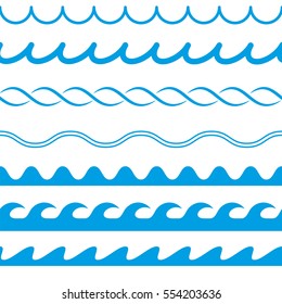 Set of water seamless lines on white background. Water waves. Abstract vector silhouettes. Blue color