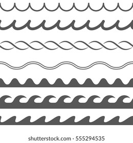 Set of water seamless lines on white background. Water waves. Abstract vector silhouettes