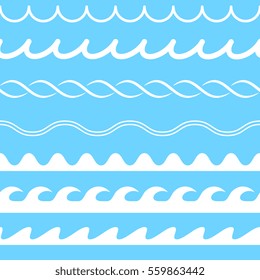 Set of water seamless lines on white background. Water waves. Abstract vector silhouettes