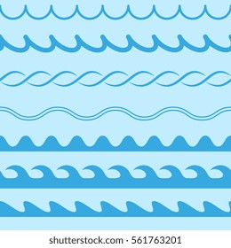 Set of water seamless lines on white background. Water waves. Abstract vector silhouettes