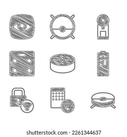 Ajuste sensor de agua, humidificador de aire, aspiradora de robots, mando a distancia, cerradura de puerta digital, básculas de baño inteligentes, cafetera e icono de cámara de seguridad. Vector