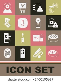 Set Water sensor, Ringing alarm bell, House under protection, Thermostat, Digital door lock, Web camera and Smart coffee machine icon. Vector