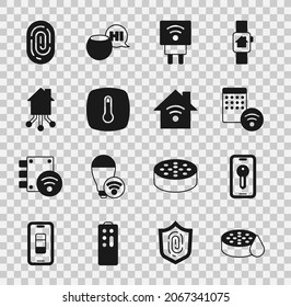 Set Water sensor, Smart key, Air humidifier, electric plug, Thermostat, home, Fingerprint and with wi-fi icon. Vector