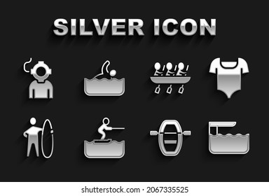 Set Water Skiing Man, Swimsuit, Diving Board Or Springboard, Boat With Oars, Surfboard, Canoe Rowing Team Sports, Aqualung And Swimmer Icon. Vector