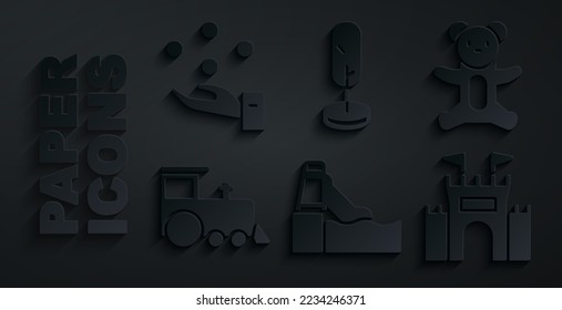 Set Water slide, Teddy bear plush toy, Toy train, Castle, Tree and Juggling ball icon. Vector