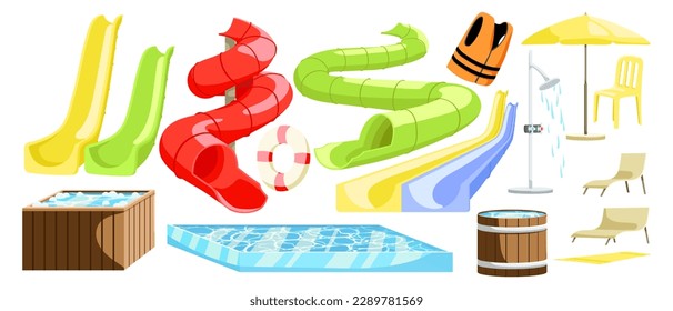 Set of water slides for waterpark or Aqua Park and swimming pool equipment. Beach items for amusement park. Hotel recreation colorful design elements isolated on white background. Vector illustration