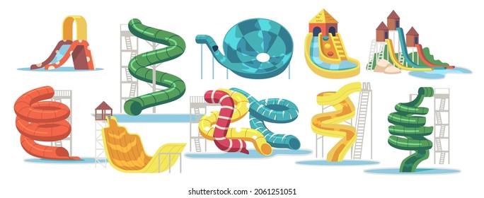 Set of Water Slides, Waterpark Aquapark and Swimming Pool Equipment, Items for Amusement Park, Recreation Fun Graphic Design Elements Isolated on White Background. Cartoon Vector Illustration