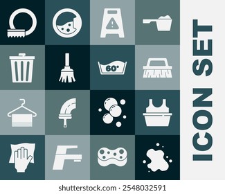 Set Water spill, Basin with shirt, Brush for cleaning, Wet floor, Feather broom, Trash can, Washing dishes and Temperature wash icon. Vector