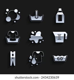 Set Water spill, Dirty t-shirt, Temperature wash, Measuring cup, Clothes pin, Basin with, Bottle for cleaning agent and Soap water bubbles icon. Vector