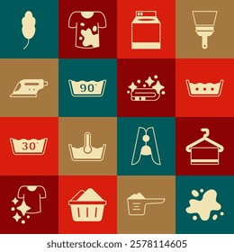 Set Water spill, Towel on hanger, Temperature wash, Washer, Electric iron, Feather and stack icon. Vector