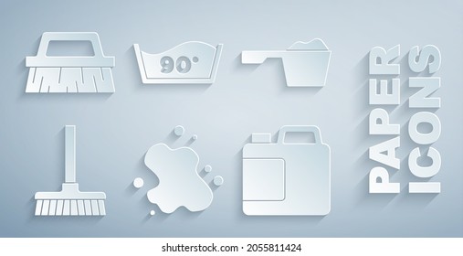 Set Water spill, Washing powder, Handle broom, Bottle for cleaning agent, Temperature wash and Brush icon. Vector
