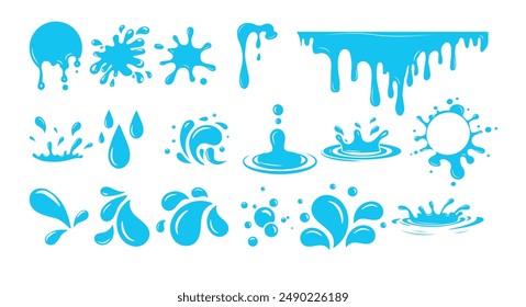 set of water splash blue flat design vector isolated white background