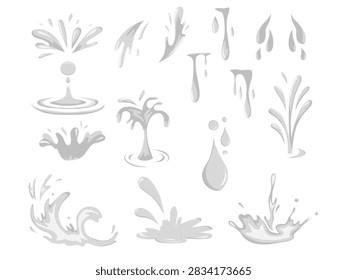 Set of water splash and drip elements in soft gray tones, featuring drops, waves and splashes for logos, posters, ads, web art and print design