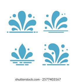 Set of water splash icons with various shapes and patterns. Silhouette vector illustration in blue color isolated on white background. Water splash and liquid movement concept for design and print