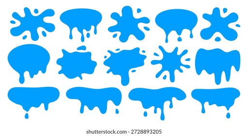 Conjunto de siluetas de salpicaduras de agua. Gotas de agua líquida azul, salpicaduras de líquido azul Ilustración vectorial