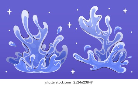 Wasserspritzer. Frische und reine Aqua. Frische und Reinheit. Meer- oder Meeresspritzer, Fluss und See. Ripple und Wave, Drop. Flache Vektorsammlung einzeln auf blauem Hintergrund