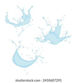 Set of water splashes with splashes. Vector. Set of icons of flowing drops, waves, splashes, splashes of nature isolated on white background. Dripping liquid. Water spill. Drops of rain and drops of 