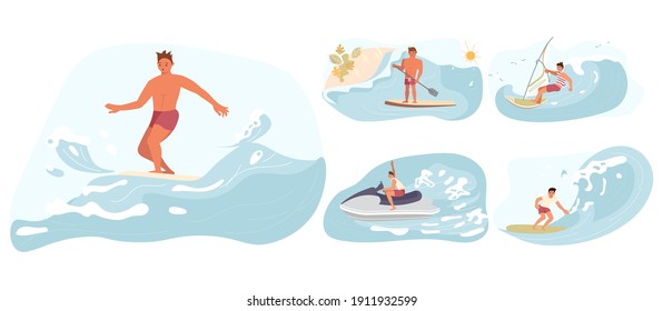 Set of Water sport activities. Men rides the Barreled Rushing Waves or floating on paddle board. Happy characters isolated on white background. Flat Art Vector illustration