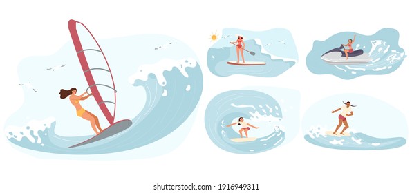 Set of Water sport activities. Women rides the Barreled Rushing Waves or floating on paddle board. Happy characters isolated on white background. Flat Art Vector illustration