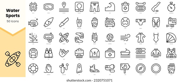 Juego de íconos para deportes náuticos. Paquete de iconos de estilo de arte de línea simple. Ilustración del vector