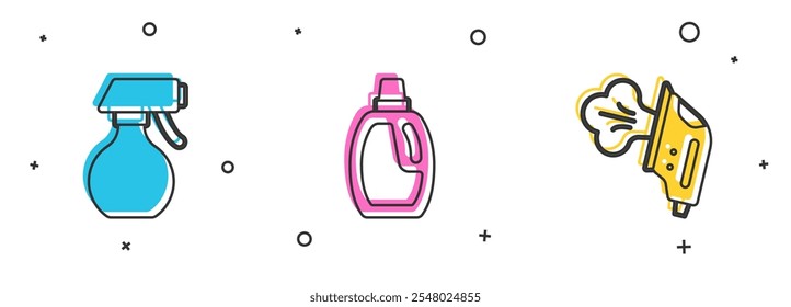 Set Water spray bottle, Bottle for cleaning agent and Electric iron icon. Vector