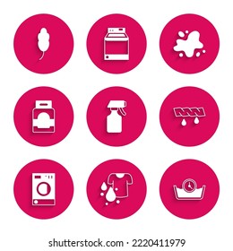Set Water spray bottle, Dirty t-shirt, Time wash, Squeeze clothes, Washer, Laundry detergent, spill and Feather icon. Vector