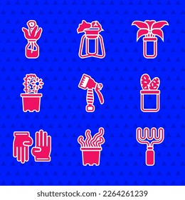 Set Water spray bottle, Exotic tropical plant in pot, Garden rake, Cactus peyote, Rubber gloves,  and Flower glass icon. Vector