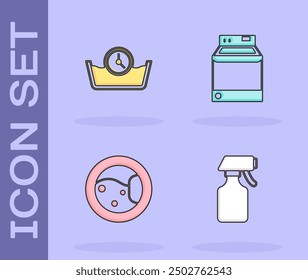 Set Botella de spray de agua, lavado a tiempo, lavadora e icono. Vector