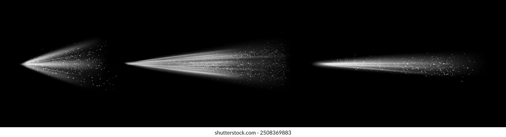 Conjunto de spray de agua, partículas y gotas líquidas aisladas, perfumes y desodorantes de neblina. Vector de diseño de arte realista de vapor de polvo o nube de atomizador. Efecto disparador de pulverizador con boquillas