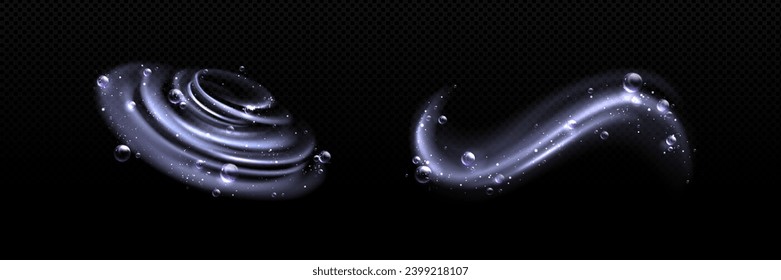 Set of water swirls with bubbles isolated on transparent background. Vector realistic illustration of shampoo, washing detergent foam vortex, clean laundry whirlwind, fizzy twirl with oxygen balls