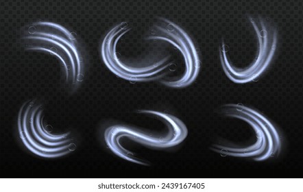 Conjunto de remolinos de agua con burbujas aisladas. Efecto de luz con burbujas y destellos brillan. Vector ilustración realista de champú, vórtice de espuma de detergente de lavado