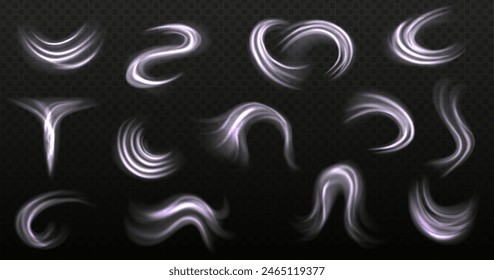 Set of water swirls with bubbles isolated. Light effect with bubbles and sparkles shine. Vector realistic illustration of shampoo, washing detergent foam vortex