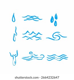 Satz von Wassersymbolen, handgezeichnet, einzeln auf weißem Hintergrund